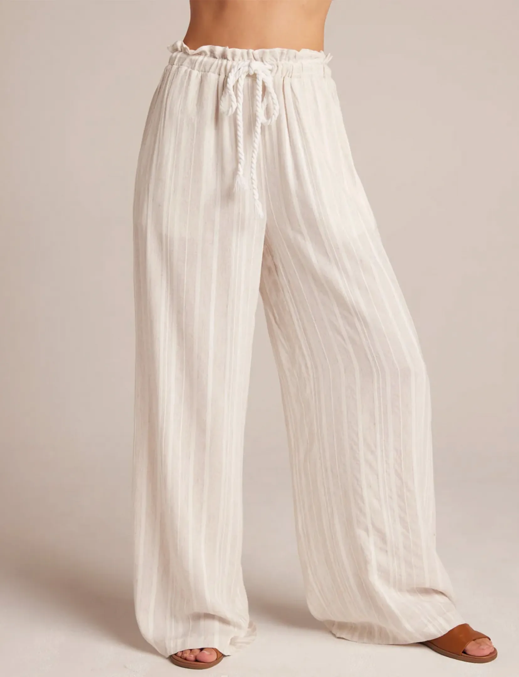 Ruffle Waist Wide Leg, White Sand Stripes