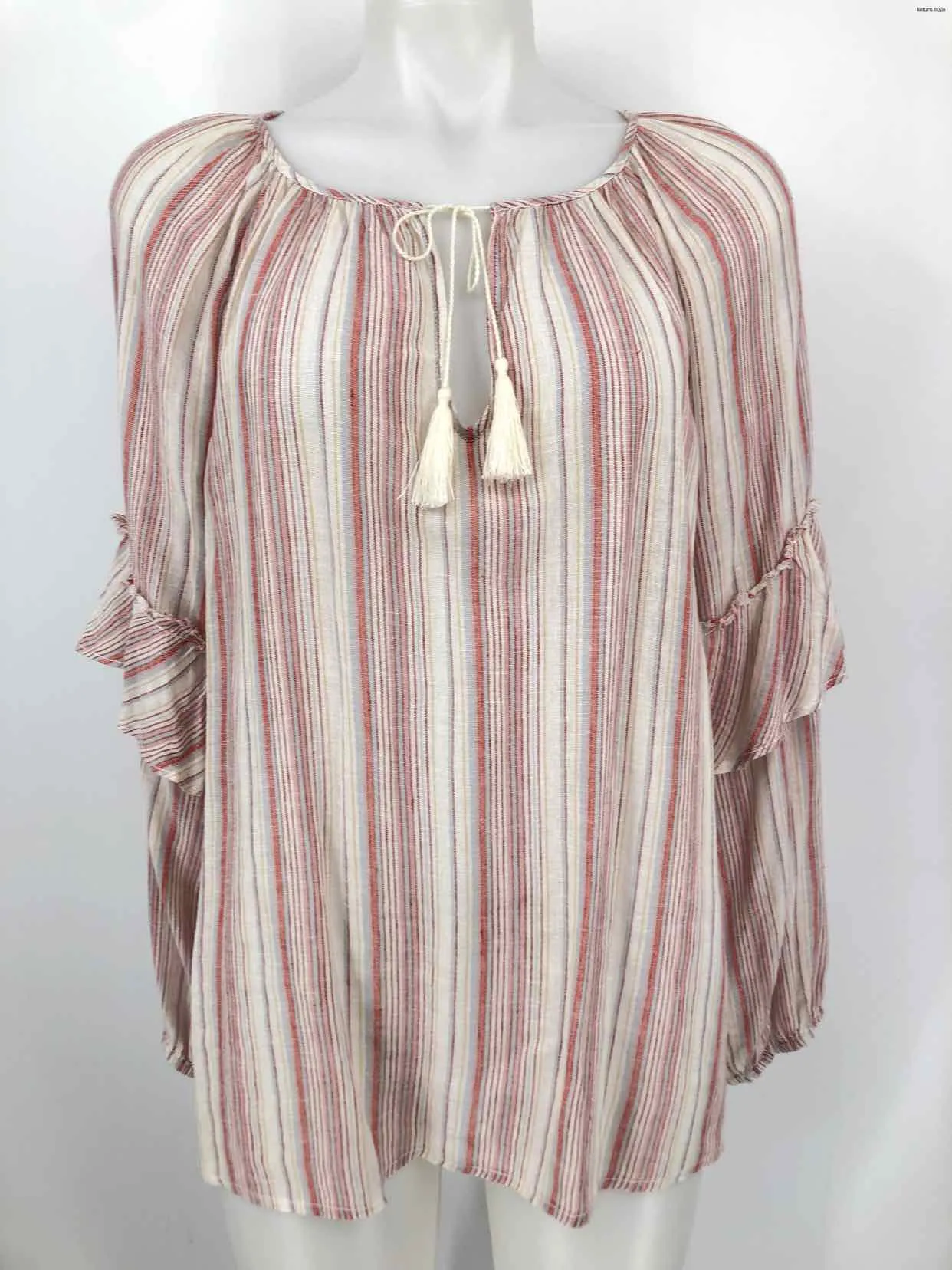 SANCTUARY Pink Cream Multi Linen Blend Striped Longsleeve Size LARGE  (L) Top