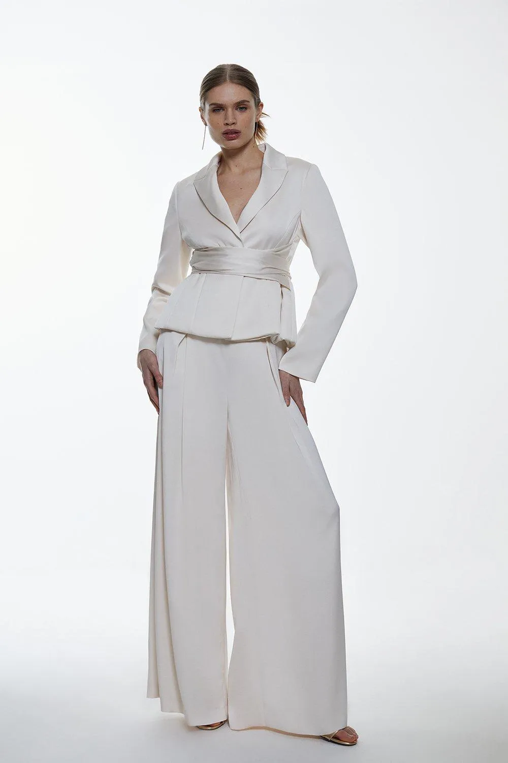 Satin Back Crepe Pleat Detail Wide Leg Trouser | Karen Millen