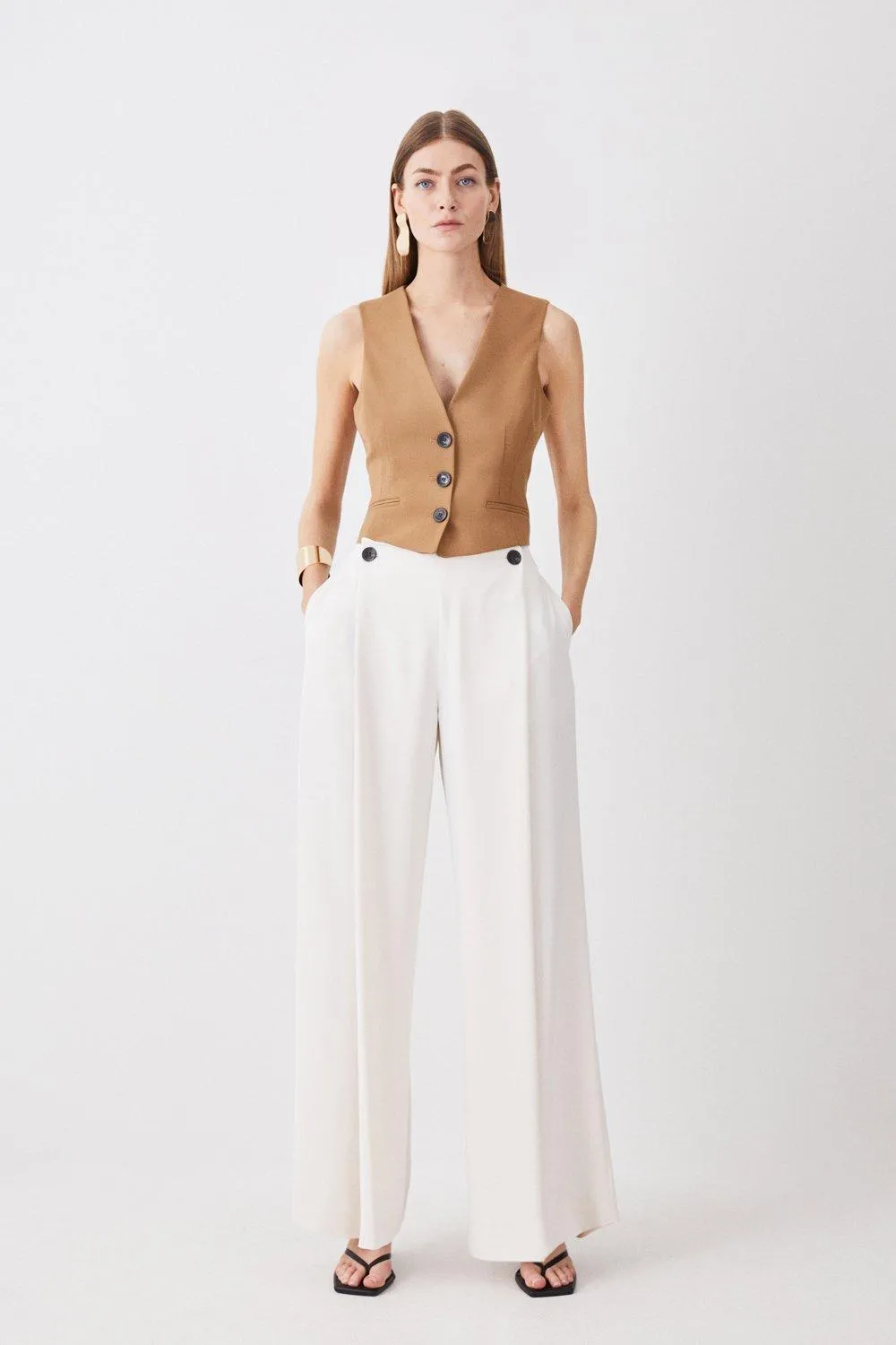 Soft Tailored Button Detail Pleated Wide Leg Trouser | Karen Millen