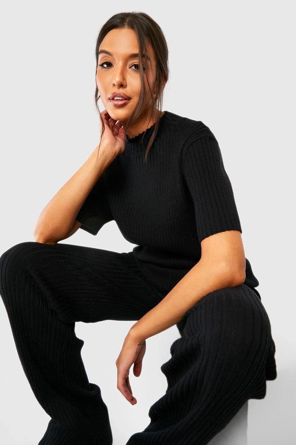 Trouser Co-ords | Rib Knitted Tunic And Wide Leg Trouser Set | boohoo