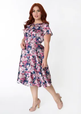 Unique Vintage Formosa Floral 40's Dress Navy Purple