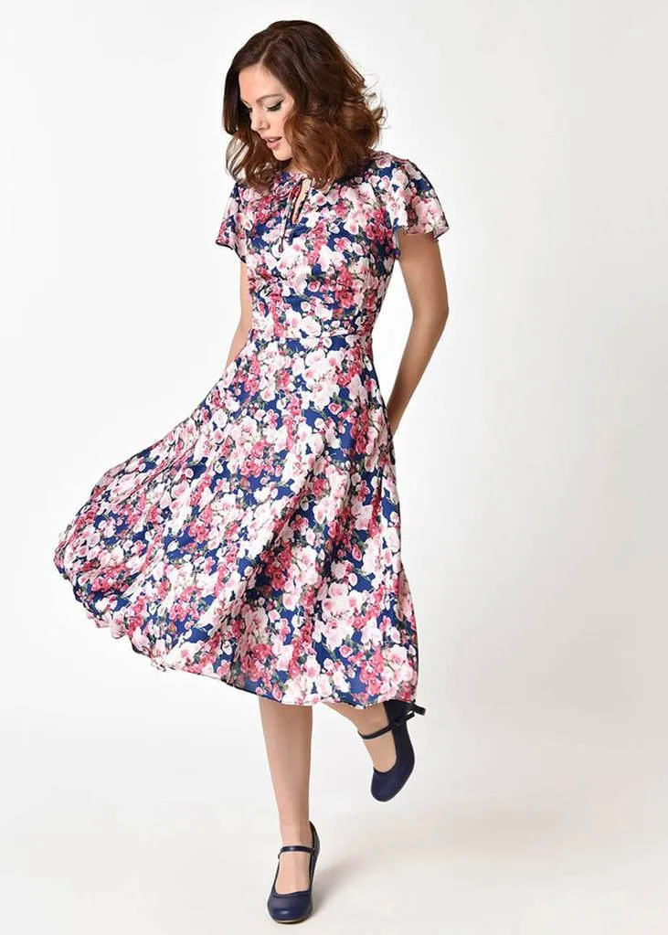 Unique Vintage Formosa Floral 40's Dress Navy Purple