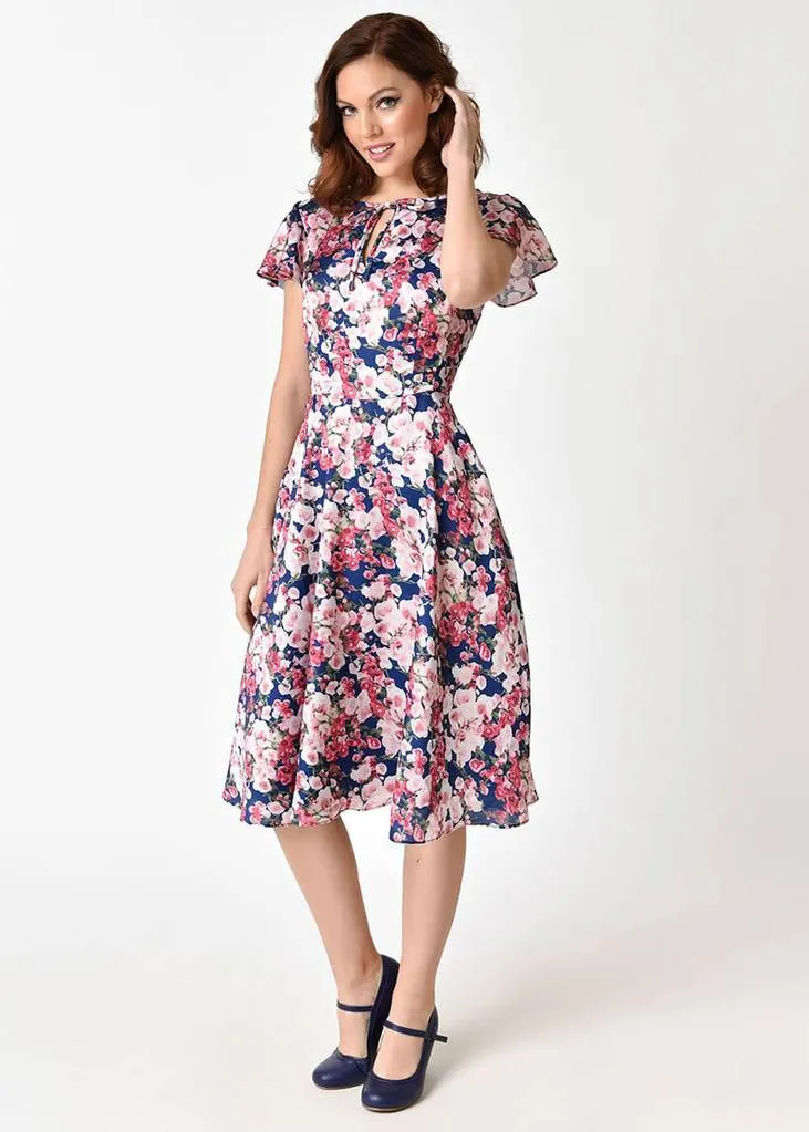 Unique Vintage Formosa Floral 40's Dress Navy Purple