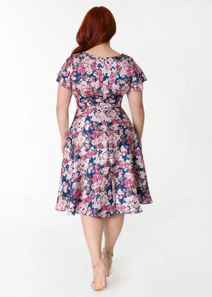 Unique Vintage Formosa Floral 40's Dress Navy Purple