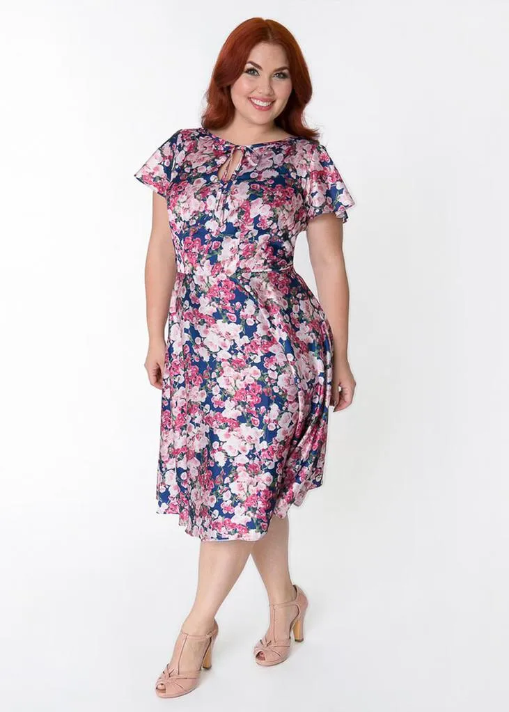 Unique Vintage Formosa Floral 40's Dress Navy Purple