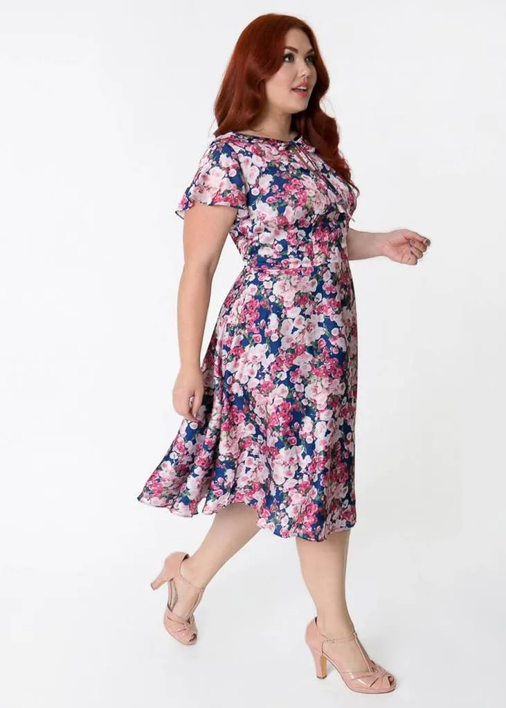 Unique Vintage Formosa Floral 40's Dress Navy Purple