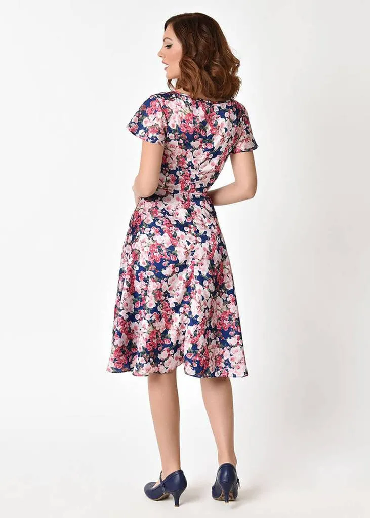 Unique Vintage Formosa Floral 40's Dress Navy Purple