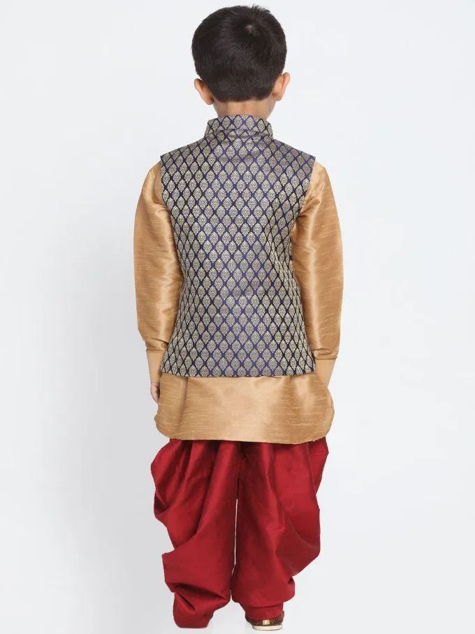 VASTRAMAY Boys' Blue Cotton Silk Blend Ethnic Jacket, Golden Kurta and Dhoti Pant Set