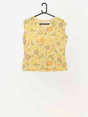 Vintage bright yellow 70s floral top – Medium / Large