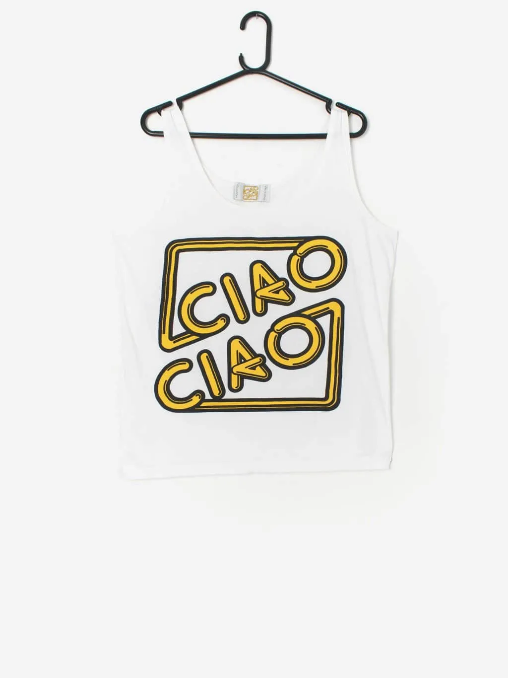 Vintage Ciao vest top in white and yellow – Medium / Large