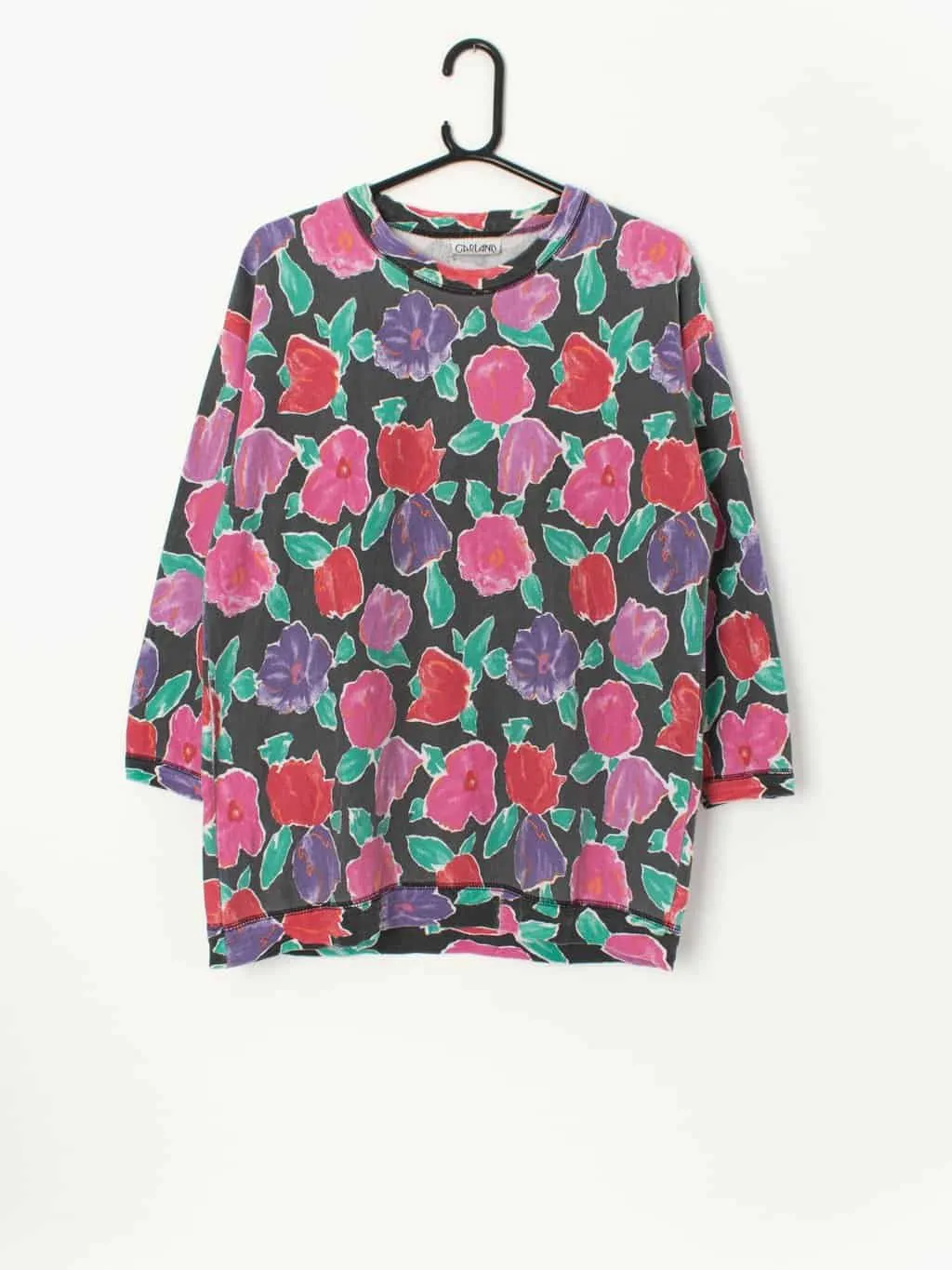 Vintage long sleeve top with vibrant pink, red and purple floral print – Medium / Large