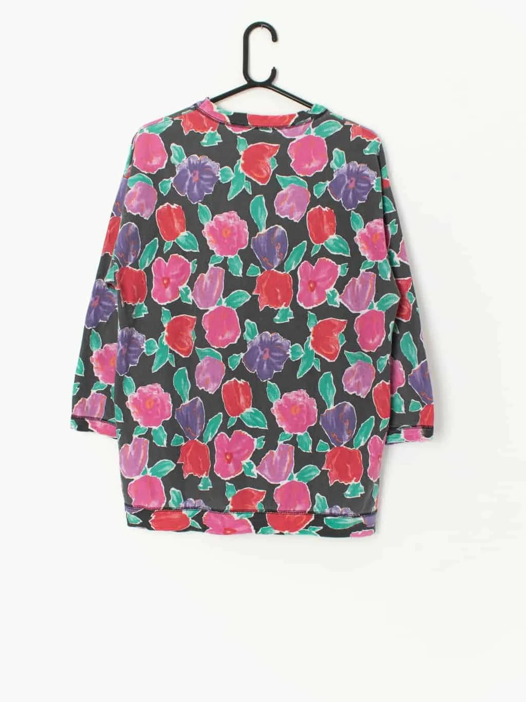 Vintage long sleeve top with vibrant pink, red and purple floral print – Medium / Large