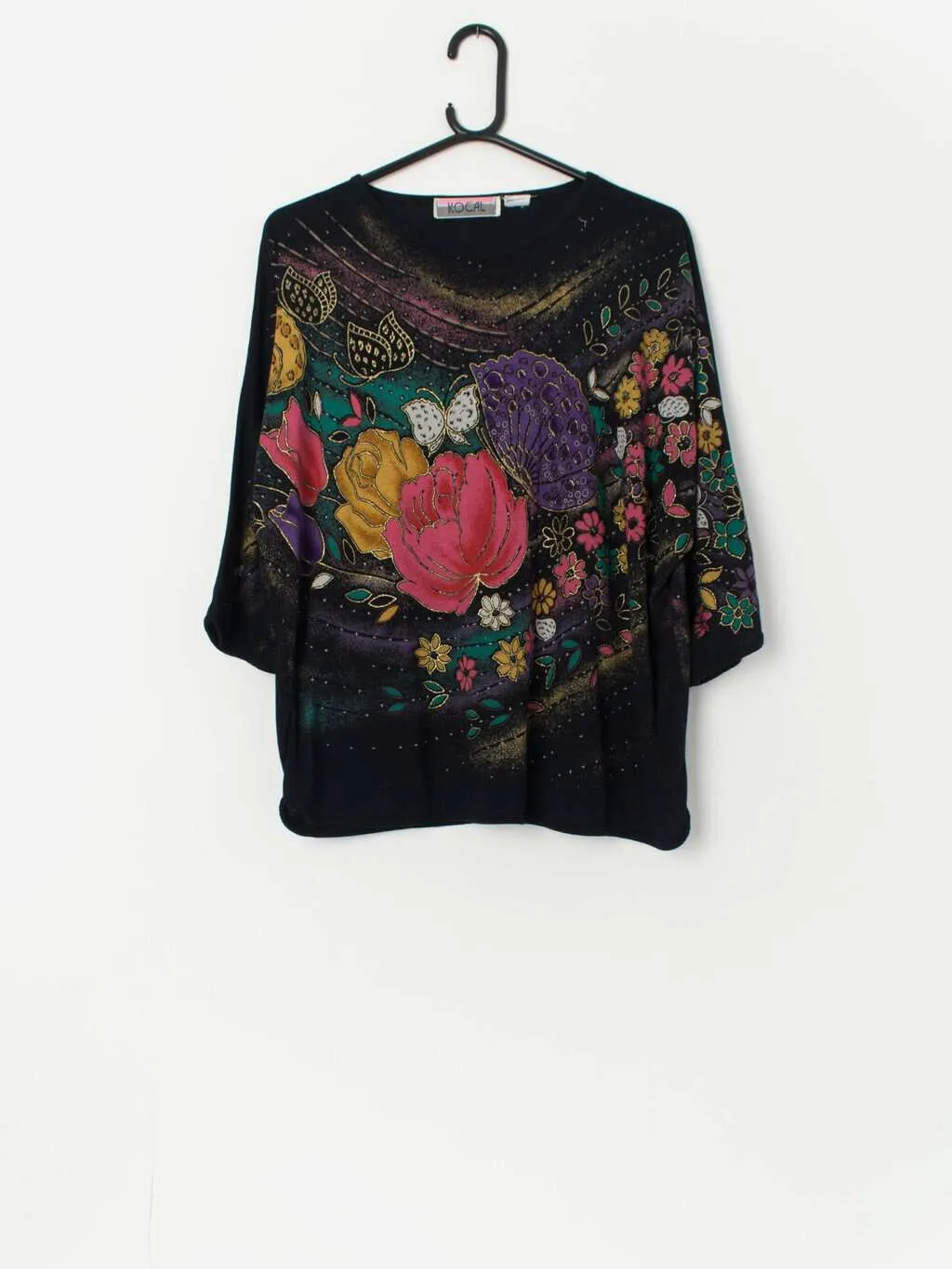 Vintage pretty floral top with batwing sleeves – Large