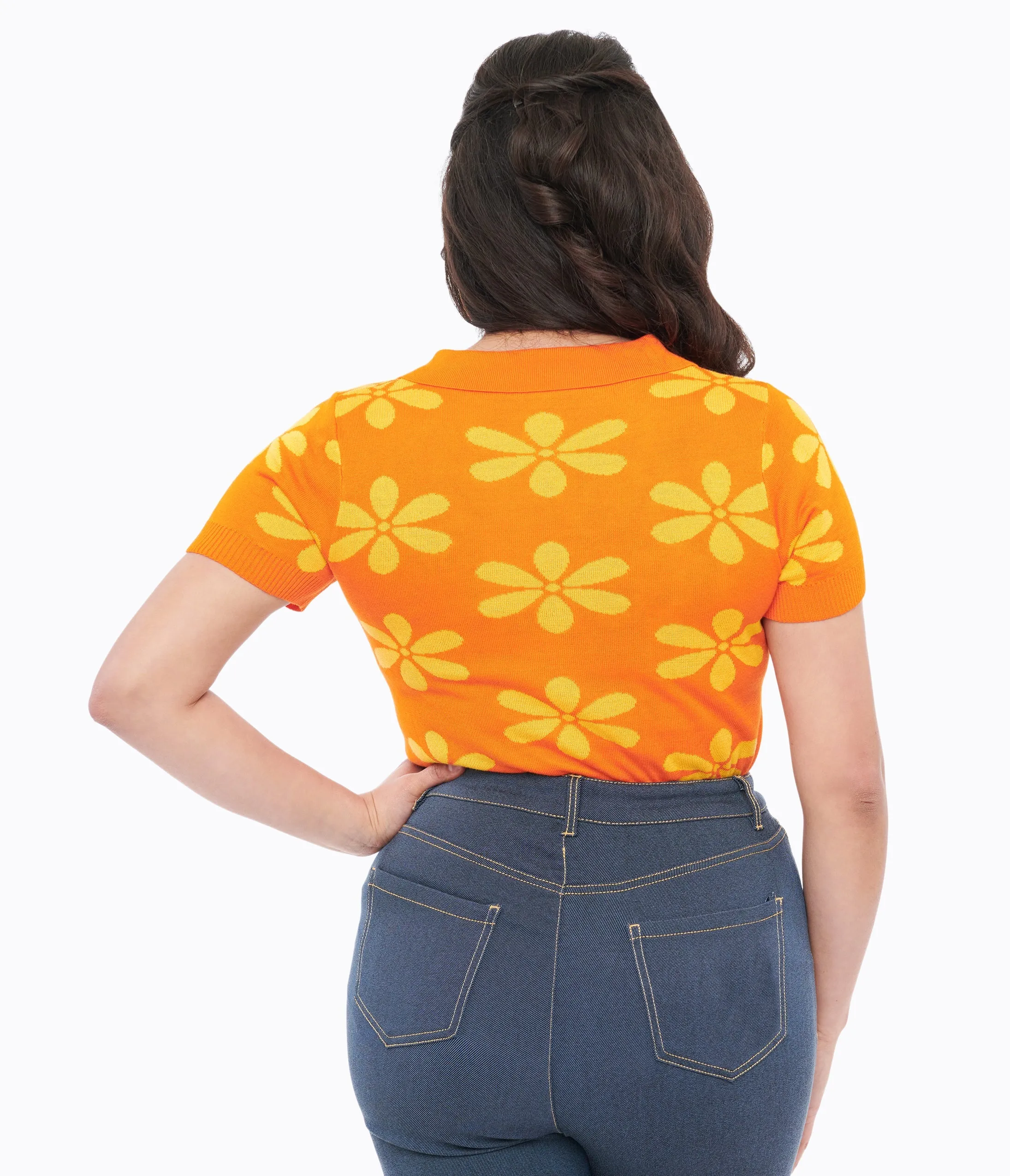 Voodoo Vixen 1960s Orange & Yellow Flower Polo Top