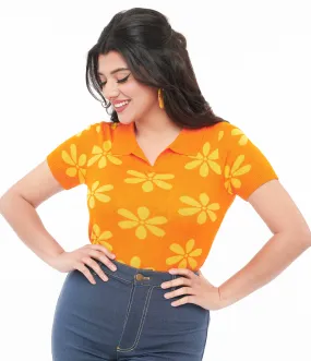 Voodoo Vixen 1960s Orange & Yellow Flower Polo Top