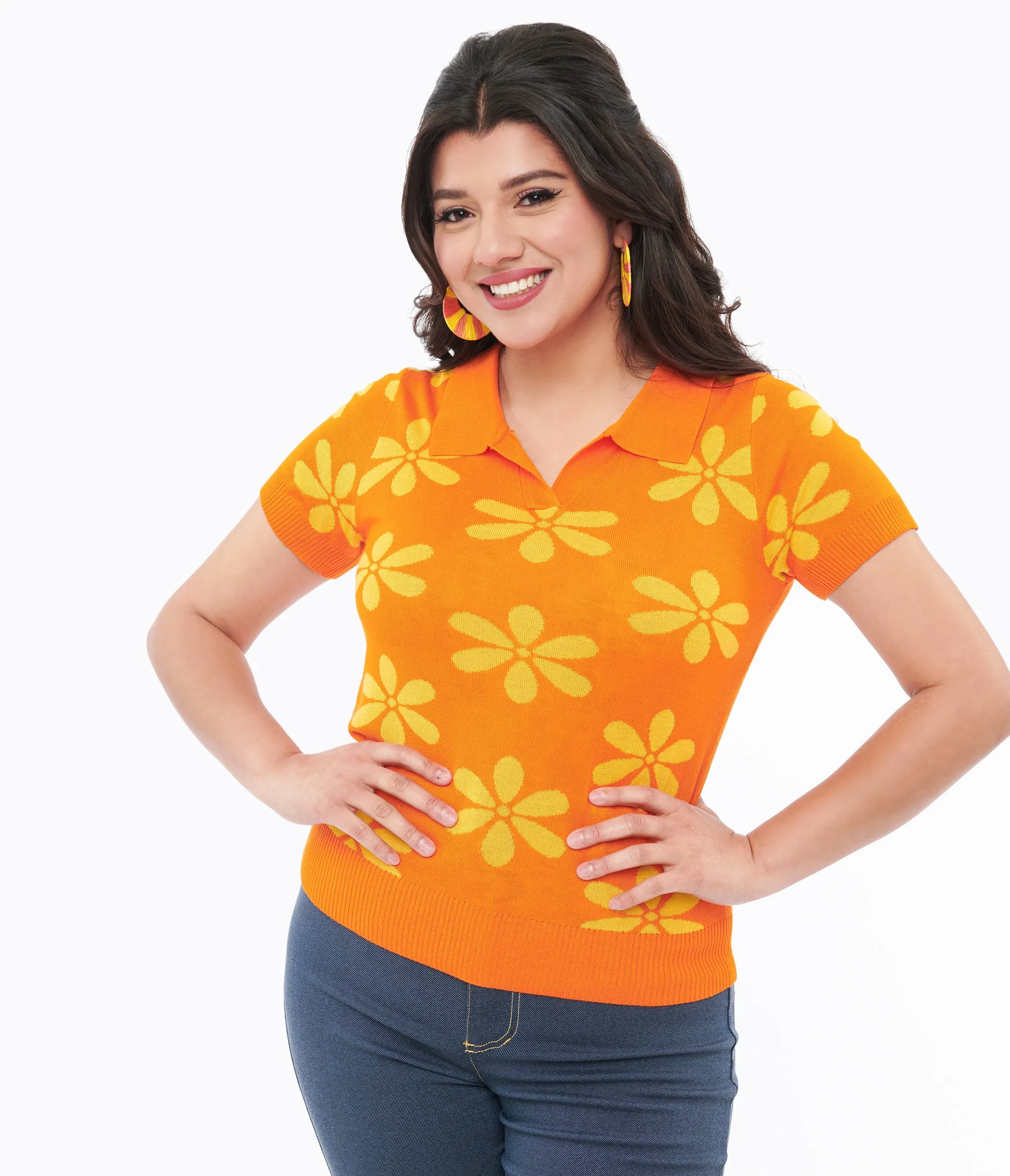 Voodoo Vixen 1960s Orange & Yellow Flower Polo Top