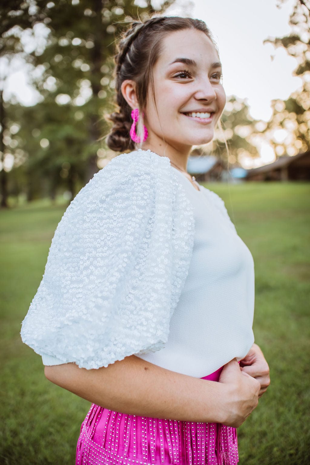 White Sequin Puff Sleeve Top