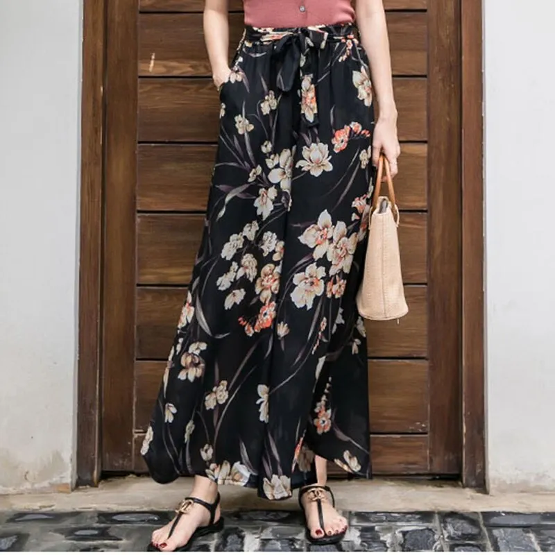 Women Loose Elegant Pant Female  Boho Floral-Print Elastic High-Waist  Wide-Leg Beach Summer Chiffon Wide Trouser