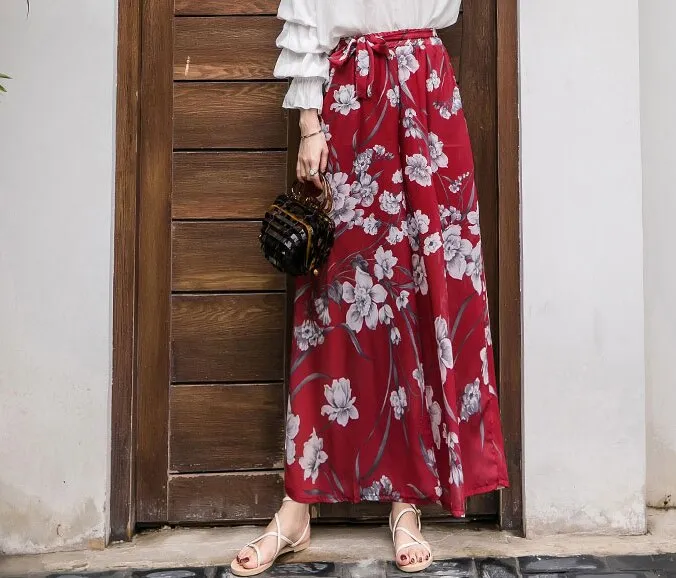 Women Loose Elegant Pant Female  Boho Floral-Print Elastic High-Waist  Wide-Leg Beach Summer Chiffon Wide Trouser