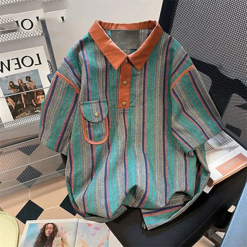 Xituodai 2024 New Summer Hong Kong Style Niche Trendy Brand Casual Loose Oversized Lapel Contrasting Stripes Short Sleeved Polo 