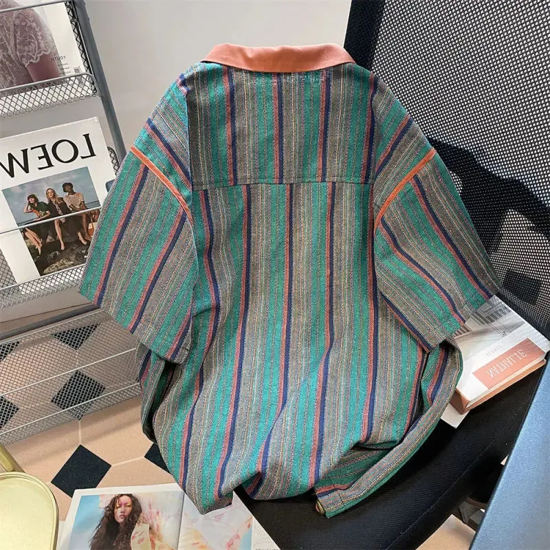 Xituodai 2024 New Summer Hong Kong Style Niche Trendy Brand Casual Loose Oversized Lapel Contrasting Stripes Short Sleeved Polo 