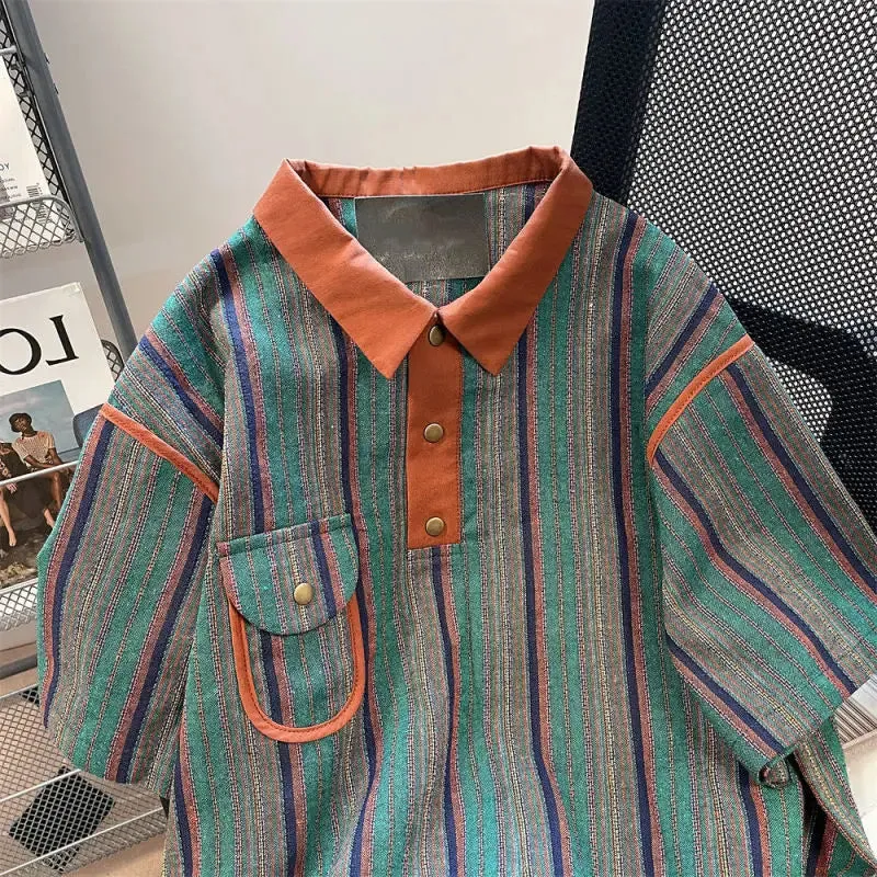 Xituodai 2024 New Summer Hong Kong Style Niche Trendy Brand Casual Loose Oversized Lapel Contrasting Stripes Short Sleeved Polo 